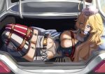  1girl absurdres american_flag_legwear bdsm blonde_hair blue_eyes bondage bound bound_arms bound_legs breast_bondage breasts cailin020 cloth_gag commission front-tie_top gag gagged garter_straps headgear highres improvised_gag iowa_(kancolle) kantai_collection large_breasts miniskirt mismatched_legwear rope skirt solo star-shaped_pupils star_(symbol) striped striped_legwear symbol-shaped_pupils thigh-highs vertical-striped_legwear vertical-striped_skirt vertical_stripes 