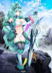  1girl absurdres breasts crop_top crossover greatsword green_eyes green_hair high_ponytail highres horns kirin_(armor) large_breasts long_hair miike-san monster_hunter:_world monster_hunter_(series) navel pneuma_(xenoblade) single_horn smile solo thigh-highs trait_connection very_long_hair xenoblade_chronicles_(series) xenoblade_chronicles_2 