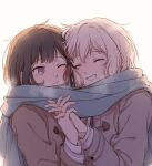  2girls :d aoba_moca bang_dream! blonde_hair blue_scarf breath brown_coat brown_hair closed_eyes coat english_commentary grin interlocked_fingers kalsept medium_hair mitake_ran multicolored_hair multiple_girls nuzzle one_eye_closed open_mouth red_eyes redhead scarf shared_scarf smile yuri 
