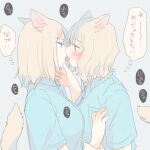  2girls animal_ears blue_background blue_shirt blush closed_eyes collared_shirt dog_ears dog_girl dog_tail eye_contact eyebrows_visible_through_hair french_kiss from_side grey_hair hand_on_another&#039;s_chin hand_on_another&#039;s_shoulder kiss looking_at_another medium_hair multiple_girls nekoya_saki original shirt simple_background sweatdrop tail translation_request upper_body wrist_grab yuri 