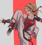  1girl barefoot belt black_belt black_gloves black_scrunchie blonde_hair blue_eyes breasts clothes_around_waist dougi fighting_stance fingerless_gloves gloves grey_background hair_ornament hair_scrunchie hairband high_kick highres karate karate_gi kicking leg_up liam_hull lidia_sobieska long_hair medium_breasts namco red_background red_hairband red_tank_top scar scar_across_eye scrunchie solo standing standing_on_one_leg studded_gloves tank_top tekken tekken_7 toes two-tone_background 