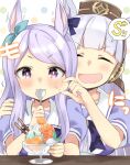  2girls :d ^^^ ^_^ animal_ears bangs blue_bow blue_ribbon blue_shirt blush bow brown_headwear cheek_pull closed_eyes collarbone commentary_request ear_covers ear_ribbon eyebrows_visible_through_hair facing_viewer food gold_ship hair_bow hat heart highres hizuki_yayoi holding holding_spoon horse_ears ice_cream long_hair looking_at_viewer mejiro_mcqueen mini_hat multiple_girls open_mouth pocky puffy_short_sleeves puffy_sleeves purple_hair ribbon school_uniform shirt short_sleeves silver_hair smile spoon sweat tracen_school_uniform umamusume upper_body v-shaped_eyebrows very_long_hair violet_eyes 