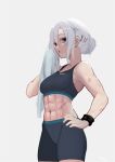  1girl abs breasts cowboy_shot earrings green_eyes hair_between_eyes hand_on_hip highres jewelry looking_at_viewer navel original scar scar_on_arm scar_on_stomach shorts silver_hair simple_background solo sports_bra stud_earrings sweat towel warashi wristband 