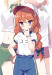  3girls bangs baseball_cap black_shorts blue_bow blue_shorts blush bow braid breasts brown_hair chieru_(princess_connect!) chloe_(princess_connect!) closed_mouth clothes_around_waist commentary_request eyebrows_visible_through_hair green_jacket gym_shirt gym_uniform hair_between_eyes hair_bow hand_on_hip hand_up hat jacket jacket_around_waist long_hair mauve medium_breasts midriff multiple_girls navel open_clothes open_jacket pink_jacket plaid plaid_bow princess_connect! princess_connect!_re:dive puffy_short_sleeves puffy_sleeves red_shorts shirt short_shorts short_sleeves shorts simple_background smile solo_focus tied_shirt twin_braids twintails very_long_hair violet_eyes white_background white_headwear white_shirt yuni_(princess_connect!) 