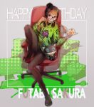  1girl alien arms_up bangs beanie black_footwear black_headwear black_legwear black_skirt black_sweater boots box buckle cake cake_slice chair character_name cup food fork gaming_chair glasses green_hoodie grey_background happy_birthday hat headphones headphones_around_neck highres holding holding_fork holding_plate hood hoodie leg_up long_hair long_sleeves midcalf_boots miniskirt monitor number orange_hair pantyhose persona persona_5 persona_5_the_royal pixel_art plate sabakawa sakura_futaba shadow simple_background sitting skirt solo_focus spill stuffed_animal stuffed_cat stuffed_toy sweater turtleneck turtleneck_sweater violet_eyes 