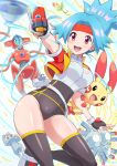  1girl :d absurdres bellsprout belt blue_hair blurry blush breasts brown_legwear capture_styler commentary_request covered_navel cropped_jacket deoxys deoxys_(normal) electricity eyelashes fingerless_gloves gen_1_pokemon gen_3_pokemon gloves headband highres jacket long_hair machop magneton mythical_pokemon open_clothes open_jacket open_mouth orange_headband plusle pokemoa pokemon pokemon_(creature) pokemon_ranger pokemon_ranger_1 shiny shiny_skin shoes short_sleeves smile solana_(pokemon) teeth thigh-highs tongue white_background 