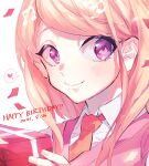  1girl akamatsu_kaede bangs blonde_hair blush box close-up collared_shirt commentary_request dangan_ronpa_(series) dangan_ronpa_v3:_killing_harmony dated eighth_note face gift gift_box hair_ornament happy_birthday highres holding holding_box long_hair looking_at_viewer musical_note musical_note_hair_ornament pink_vest remi_(remi_0702) shirt simple_background smile solo vest violet_eyes white_background white_shirt 