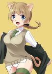  1girl absurdres ahoge animal_ears between_breasts blue_eyes blush bow bow_panties braid braided_ponytail breasts brown_hair cat_ears cat_tail eyebrows_visible_through_hair green_neckwear hase_popopo highres large_breasts looking_at_viewer lynette_bishop necktie necktie_between_breasts open_mouth panties ponytail simple_background smile solo standing strike_witches striped striped_legwear tail thigh-highs underwear white_panties world_witches_series yellow_background 