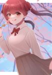 1girl bangs blush breasts dango food hair_ribbon heterochromia highres hololive houshou_marine large_breasts long_hair looking_at_viewer open_mouth red_eyes redhead ribbon smile solo twintails virtual_youtuber wagashi yellow_eyes 