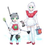  2girls alternate_costume apron ball_(gundam) breasts closed_mouth dress enmaided gm_(mobile_suit) gundam looking_at_viewer maid maid_apron mecha_musume multiple_girls open_mouth short_hair skirt smile thigh-highs ueyama_michirou 