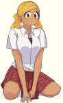  1girl between_legs blonde_hair blush breasts brown_eyes dark_skin dark-skinned_female hand_between_legs highres komi-san_wa_komyushou_desu large_breasts lecca_aisu manbagi_rumiko pleated_skirt red_skirt shirt skirt twintails white_shirt wing_collar 