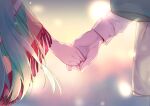  1boy 1girl absurdres aqua_hair blurry bokeh c.c. close-up code_geass depth_of_field hetero highres holding_hands lelouch_lamperouge long_hair poncho shirt signature slyvia white_shirt 