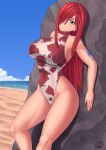  1girl arm_tattoo beach blue_sky breasts brown_eyes casual_one-piece_swimsuit clouds cowboy_shot day erza_scarlet fairy_tail floral_print flower hair_over_one_eye head_tilt highleg highleg_swimsuit large_breasts long_hair looking_at_viewer one-piece_swimsuit outdoors redhead rock rocky-ace rose sky solo swimsuit tattoo turtleneck white_swimsuit 