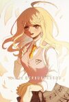  1girl ahoge akamatsu_kaede bangs beamed_sixteenth_notes blonde_hair blush breasts criis-chan dangan_ronpa_(series) dangan_ronpa_v3:_killing_harmony eighth_note hair_ornament holding_hands large_breasts long_hair long_sleeves looking_at_viewer musical_note musical_note_hair_ornament open_mouth pleated_skirt quarter_note shirt skirt smile solo_focus striped sweater_vest symbol_commentary white_shirt 
