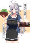  1girl ahoge apron black_apron blue_shirt blush bowl breasts clothes_writing collarbone cowboy_shot eyebrows_visible_through_hair food grey_eyes hair_between_eyes headgear highres holding holding_bowl kantai_collection komb large_breasts long_hair parted_lips pleated_skirt shirt short_sleeves silver_hair skirt solo steak translation_request washington_(kancolle) white_skirt 