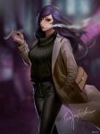  1girl bag black_pants black_sweater blurry blurry_background brown_coat character_name cigarette coat cowboy_shot cyphers hand_in_pocket highres long_coat long_hair long_sleeves pants purple_hair reika_(bji654) shoulder_bag signature smoke smoking solo sweater tanya_rankin violet_eyes 