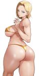  1girl absurdres android_18 ass back bangs bare_shoulders bikini blonde_hair blue_eyes breasts dragon_ball dragon_ball_z earrings forehead highres jewelry large_breasts looking_back parted_bangs short_hair sideboob swimsuit thick_thighs thighs yellow_bikini yoshio_(55level) 