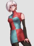 1girl alternate_hair_length alternate_hairstyle android_21 blue_eyes breasts checkered checkered_dress closed_mouth dragon_ball dragon_ball_fighterz dress earrings glasses grey_background hoop_earrings jewelry kemachiku long_hair majin_android_21 medium_breasts short_hair simple_background smile solo white_hair