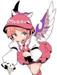  1girl animal_ears bird_wings blush brown_dress brown_headwear clenched_hand cowboy_shot dress feathered_wings feet_out_of_frame grey_eyes hat ini_(inunabe00) jewelry long_sleeves looking_at_viewer mob_cap mystia_lorelei open_mouth outstretched_arm pink_hair shirt short_hair simple_background solo touhou white_background white_shirt winged_hat wings 