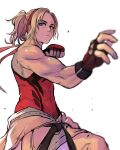  1girl 6maker absurdres belt biceps black_belt blue_eyes blurry clenched_hand clothes_around_waist commentary_request covered_abs depth_of_field dougi fighting_stance fingerless_gloves forehead gloves hairband highres karate karate_gi lidia_sobieska medium_hair mismatched_eyebrows muscular muscular_female namco red_hairband red_tank_top scar scar_across_eye sleeveless solo studded_gloves tank_top tekken tekken_7 thick_eyebrows white_background 