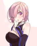  1girl blush breasts elbow_gloves fate/grand_order fate_(series) gloves hair_over_one_eye highres large_breasts looking_at_viewer mash_kyrielight multicolored multicolored_clothes multicolored_gloves open_mouth purple_hair shiny shiny_hair short_hair solo sweat towel upper_body violet_eyes xkxh1674 