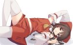  1girl absurdres arm_above_head arm_up bangs bare_shoulders bow breasts brown_hair detached_sleeves foot_out_of_frame frilled_hair_tubes frills hair_between_eyes hair_bow hair_tubes hakurei_reimu hand_up highres knee_up long_hair looking_at_viewer lying midriff navel on_back parted_lips red_bow red_eyes red_skirt red_vest ribbon-trimmed_sleeves ribbon_trim sideboob sidelocks simple_background skirt skirt_set small_breasts solo thigh-highs touhou vest white_background white_legwear wide_sleeves z_loader 
