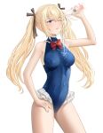  1girl azur_lane black_ribbon blonde_hair blue_eyes blue_swimsuit blush bottle bow bowtie breasts dead_or_alive eyebrows_visible_through_hair feet_out_of_frame hair_ribbon hand_on_hip holding holding_bottle long_hair looking_up marie_rose marie_rose_(devilish_servant_against_the_splashing_waves) medium_breasts one_eye_closed red_neckwear ribbon school_swimsuit solo standing swimsuit twintails water_bottle wejil white_background 