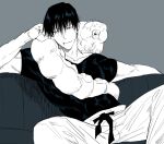  1boy bangs belt couch cowboy_shot fushiguro_touji greyscale hair_between_eyes head_rest highres jujutsu_kaisen looking_at_viewer male_focus monochrome monster pants parted_lips scar scar_on_face shiraki_(shiraki_shiki) shirt short_hair short_sleeves simple_background sitting smile solo 