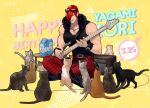 1boy animal bass_guitar cat choker dated eyewear_on_head hair_over_one_eye happy_birthday indian_style instrument jacket jewelry looking_at_viewer male_focus muscular muscular_male necklace pants red_eyes short_hair sitting sleeveless snk solo sunglasses the_king_of_fighters the_king_of_fighters_&#039;95 yagami_iori yaka_(kk1177) 
