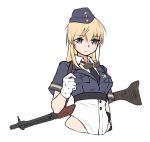  1girl armedshipyard battle_rifle black_neckwear blonde_hair blue_headwear breasts closed_mouth eyebrows_visible_through_hair eyewear_in_mouth fg42 fg42_(girls_frontline) girls_frontline gloves grey_eyes gun hat long_hair looking_at_viewer machine_gun military military_hat military_uniform mouth_hold necktie rifle shirt small_breasts solo uniform weapon weapon_on_back white_background white_gloves white_shirt 