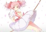  1girl bow bow_(weapon) gloves hair_ribbon kaname_madoka looking_at_viewer magical_girl mahou_shoujo_madoka_magica nuko-1111 pink_eyes pink_hair ribbon short_hair short_twintails simple_background skirt solo twintails weapon white_background white_gloves 