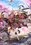 1girl animal bat bat_wings cherry_blossoms clogs flag japanese_clothes kimono kite lantern long_hair looking_at_viewer new_year open_mouth pink_hair ponytail racket red_eyes romancing_saga_re;universe shrine solo teeth tef temple thigh-highs twintails vampire white_legwear wings 