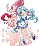  1girl 2girls back-to-back blue_dress blush boots cherry_blossoms choker cure_blossom cure_marine dress forehead from_above hanasaki_tsubomi heartcatch_precure! high_heels high_ponytail kurumi_erika long_hair looking_at_viewer looking_up multiple_girls petals pink_choker pink_dress ponytail precure puffy_short_sleeves puffy_sleeves sata_(akasata64) short_sleeves smile thigh-highs v very_long_hair wavy_hair white_background white_dress 