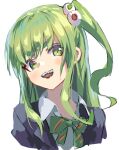  1girl bow eyeball_hair_ornament eyebrows_visible_through_hair green_bow green_eyes green_hair hair_bobbles hair_ornament highres long_hair looking_at_viewer open_mouth original osanai_(shashaki) school_uniform sharp_teeth shimotsuki_shio sketch solo teeth thick_eyebrows upper_body white_background 