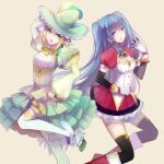  2girls absurdres bangs black_legwear blonde_hair blue_eyes blue_hair boots braid dress frilled_hat frilled_skirt frills gloves green_eyes hand_on_headwear hand_on_hip hand_up hat hatsune_miku highres juliet_sleeves kagamine_rin layered_skirt long_hair long_sleeves looking_at_viewer medium_hair multiple_girls open_mouth pleated_skirt puffy_short_sleeves puffy_sleeves red_skirt shirt short_sleeves side_braids skirt slyvia smile thigh-highs twintails very_long_hair vocaloid white_gloves white_legwear white_shirt witch_hat 