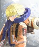  1girl absurdres apex_legends backpack bag bangs blonde_hair blue_bodysuit bodysuit electricity eyebrows_visible_through_hair floating_hair grey_eyes hair_behind_ear highres hitachi_sou hood hooded_jacket jacket leaning_back looking_at_viewer orange_jacket smile solo wattson_(apex_legends) white_bodysuit 