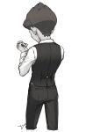  1boy adjusting_sleeves alternate_costume black_pants commentary_request from_behind grey_vest greyscale hands_up highres hop_(pokemon) long_sleeves male_focus monochrome pants pokemon sankaku shirt short_hair simple_background sketch solo vest white_background white_shirt 