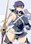  blue_eyes blue_hair boots breasts chrom_(fire_emblem) fire_emblem gauntlets genderswap genderswap_(mtf) hachimaki headband highres holding holding_sword holding_weapon large_breasts master_sword nejiri_hachimaki short_hair sword thick_thighs thigh-highs thigh_boots thighs weapon yajiro_masaru 