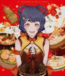  +_+ 1girl bare_shoulders blush braid brown_eyes chinese_clothes dark_blue_hair fingerless_gloves food genshin_impact gloves hair_ornament hair_rings hairclip hands_clasped highres open_mouth own_hands_together skyeera smile solo thick_eyebrows xiangling_(genshin_impact) yellow_eyes 