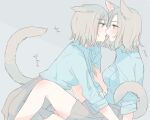  2girls animal_ears between_legs blue_eyes blue_shirt blush collared_shirt dog_ears dog_girl dog_tail eye_contact eyebrows_visible_through_hair french_kiss grey_background grey_hair hand_on_another&#039;s_chest kiss kneeling looking_at_another medium_hair multiple_girls nekoya_saki original shirt short_hair simple_background sitting tail thighs translation_request yuri 