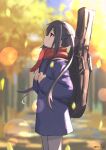  1girl artist_name black_hair blue_coat brown_eyes coat commentary_request highres k-on! leaf long_hair long_sleeves looking_up nakano_azusa outdoors red_scarf scarf solo standing tree twintails umiroku 