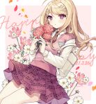  1girl ahoge akamatsu_kaede artist_name backpack bag bangs blonde_hair blush border breasts collared_shirt commentary_request cowboy_shot dalrye_v3 dangan_ronpa_(series) dangan_ronpa_v3:_killing_harmony dated eighth_note eyebrows_visible_through_hair flower hair_ornament happy_birthday highres holding long_hair long_sleeves looking_at_viewer musical_note musical_note_hair_ornament necktie open_mouth orange_neckwear pink_background pink_eyes pink_flower pink_vest pleated_skirt print_skirt school_uniform shiny shiny_hair shirt skirt smile solo sweater_vest vest white_bag white_border white_flower white_shirt 