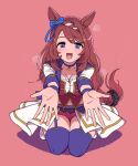  1girl animal_ears bangs blue_eyes blush bow braid breasts brown_hair discowars hair_between_eyes hair_bow horse_ears horse_girl horse_tail large_breasts long_hair looking_at_viewer open_mouth pleated_skirt skirt smile solo super_creek tail thigh-highs umamusume very_long_hair 