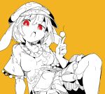  1girl animal_ears breasts bright_pupils cabbie_hat crescent dango food hat highres holding limited_palette looking_at_viewer ma_sakasama medium_breasts midriff navel open_mouth rabbit_ears red_eyes ringo_(touhou) short_hair shorts simple_background solo star_(symbol) touhou wagashi white_pupils yellow_background 