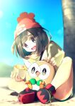  1girl bangs beanie blurry commentary_request day eyelashes food food_on_face gen_7_pokemon grey_eyes hat highres holding open_mouth outdoors pokemon pokemon_(creature) pokemon_(game) pokemon_sm red_headwear rindoriko rowlet selene_(pokemon) shirt shoes sitting sky smile spread_legs starter_pokemon t-shirt teeth tongue tree 