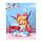  1girl alternate_costume back_bow bangs blue_kimono blue_ribbon blunt_bangs blush border bow branch cherry_blossoms closed_eyes clouds commentary_request cup day fang flower full_body grey_border hair_bow hair_flower hair_ornament heart holding holding_cup horn_ornament horn_ribbon horns ibuki_suika indian_style japanese_clothes kimono kumamoto_(bbtonhk2) long_hair long_sleeves lowres mountainous_horizon oni_horns open_mouth orange_hair outdoors petals pixel_art railing red_bow ribbon sakazuki sitting smile solo spoken_heart touhou 