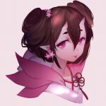  1girl :p brown_hair character_request flower hair_between_eyes hair_flower hair_ornament horns japanese_clothes kimono looking_at_viewer oni_horns onmyoji pink_background pink_eyes pink_flower pointy_ears portrait skin-covered_horns slyvia solo thick_eyebrows tongue tongue_out upper_body 