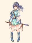 1girl aqua_dress bangs beige_background belt blue_hair boots commentary_request dress fingerless_gloves fir_(fire_emblem) fire_emblem fire_emblem:_the_binding_blade full_body fuussu_(21-kazin) gloves grey_eyes grey_footwear grey_gloves grey_jacket hair_ribbon hand_up highres holding holding_sword holding_weapon jacket long_hair looking_at_viewer open_clothes open_jacket ponytail ribbon scabbard sheath sheathed short_dress short_sleeves simple_background solo standing sword weapon 