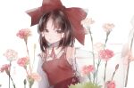  1girl artist_name bangs bow brown_hair collar detached_sleeves eyebrows_visible_through_hair flower frilled_collar frills gin_fragrans gohei green_eyes hair_bow hair_tubes hakurei_reimu outstretched_arm parted_bangs red_bow red_neckwear red_shirt red_skirt rose shirt short_hair simple_background skirt skirt_set sleeveless sleeveless_shirt touhou white_background wide_sleeves 