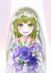  1girl bouquet bridal_veil chanraykotomine choker commentary_request crying crying_with_eyes_open dress eyebrows_visible_through_hair flower green_eyes green_hair highres holding holding_bouquet long_hair looking_at_viewer original osanai_(shashaki) sharp_teeth smile tears teeth thick_eyebrows veil wedding_dress white_choker white_dress 